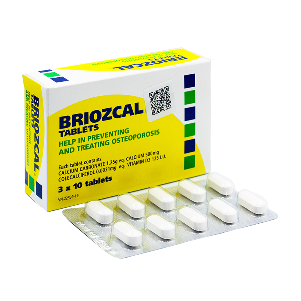 Viên nén Briozcal điều trị, phòng ngừa thiếu D3 và calci (3 vỉ x 10 viên)-1