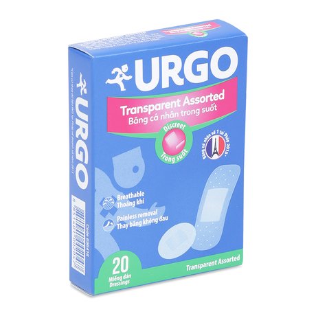 Băng cá nhân trong suốt Urgo Transparent Assorted bảo vệ các vết thương nhỏ, vết trầy xước, rách da (20 miếng)