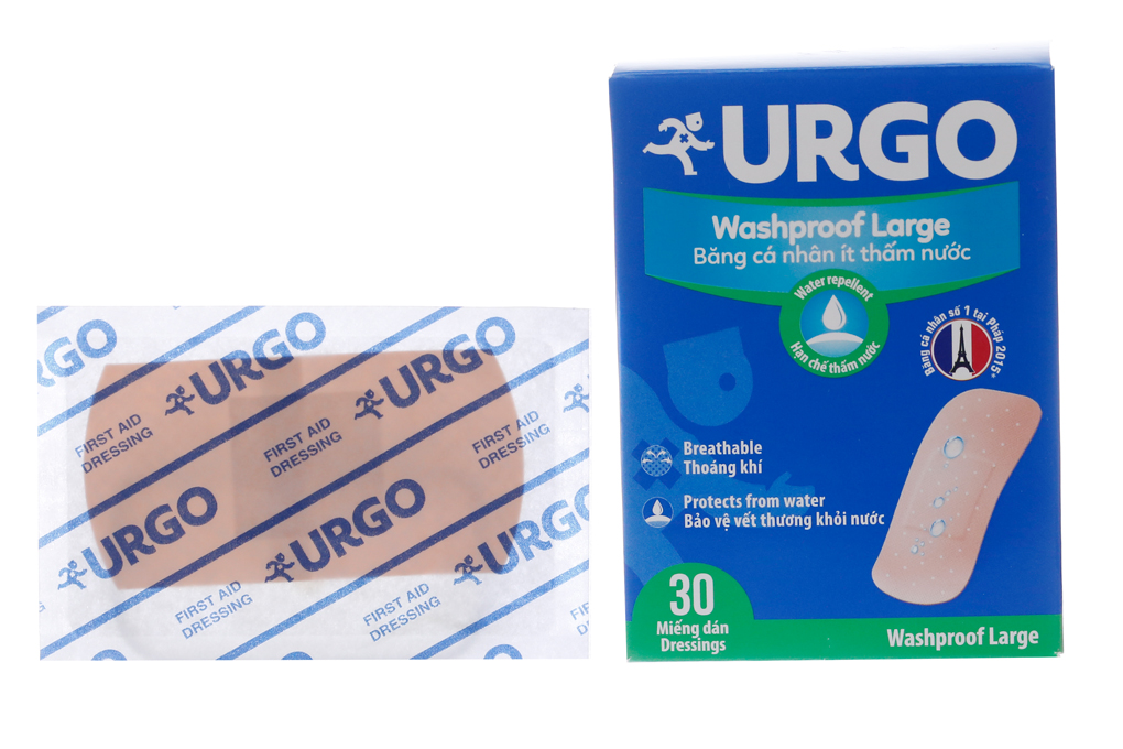 Băng cá nhân ít thấm nước Urgo Washproof Large bảo vệ vết thương khỏi nước (30 miếng)