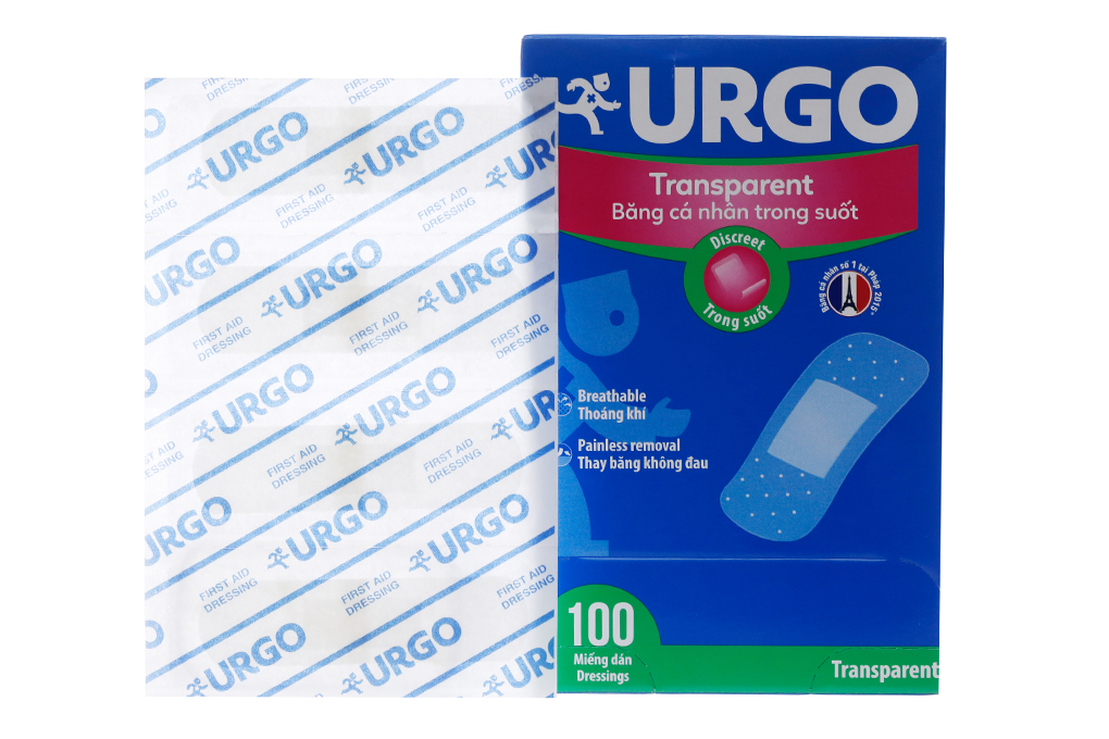 Băng cá nhân trong suốt Urgo Transparent 2cm x 7.2cm bảo vệ vết thương nhỏ, vết trầy xước (100 miếng)