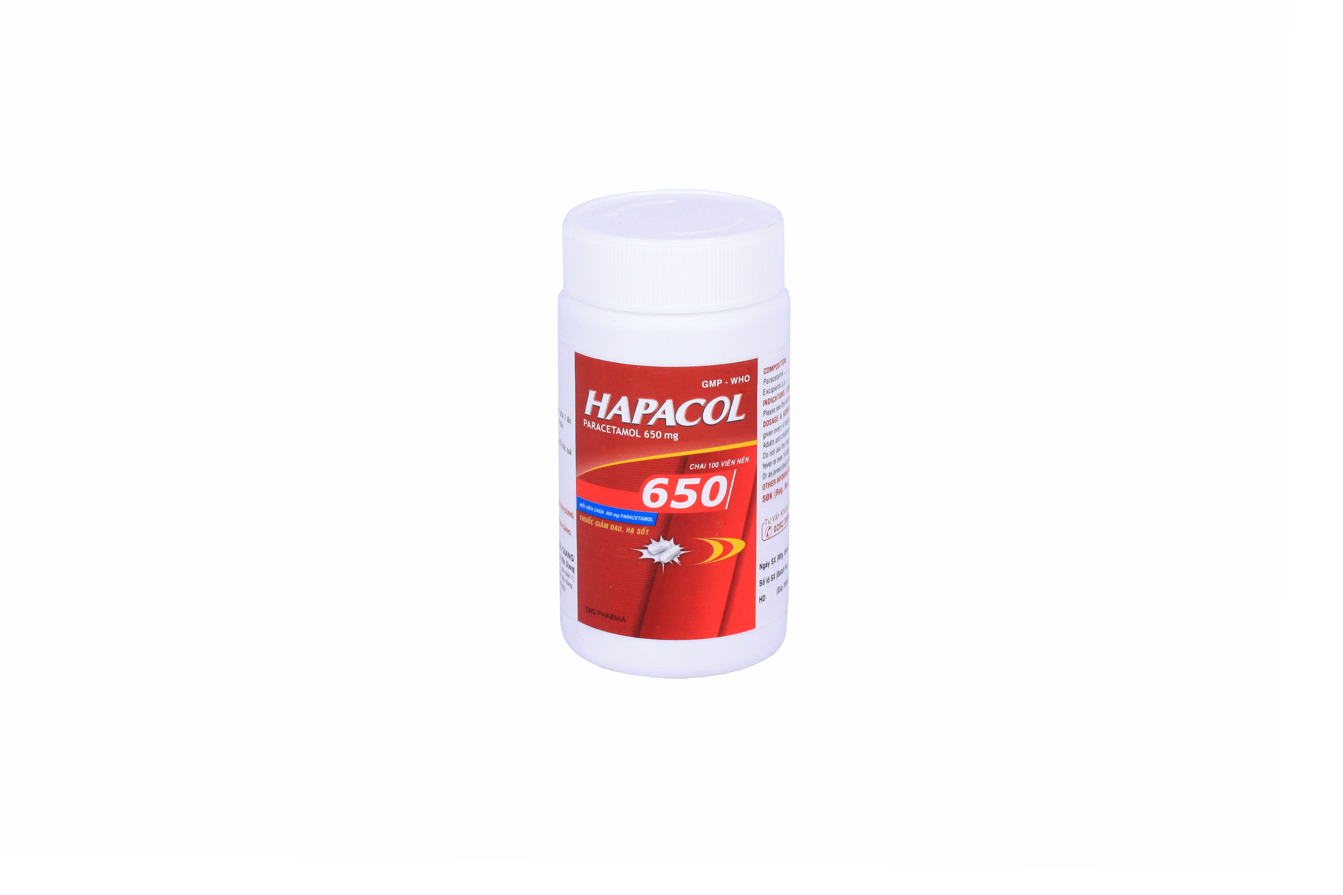 Viên nén Hapacol 650mg DHG điều trị các triệu chứng đau đầu và sốt (chai 100 viên)